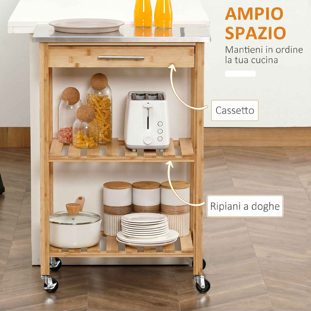 HOMCOM Bamboo Kitchen Cart with Stainless Steel Top, Drawer and Slatted Shelves, Wood