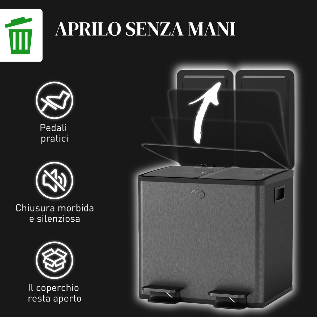 15L 2-Section Rubbish Bin with Silent Closure, Stainless Steel and PP, 41.7 x 36.6 x 43.2 cm, Black