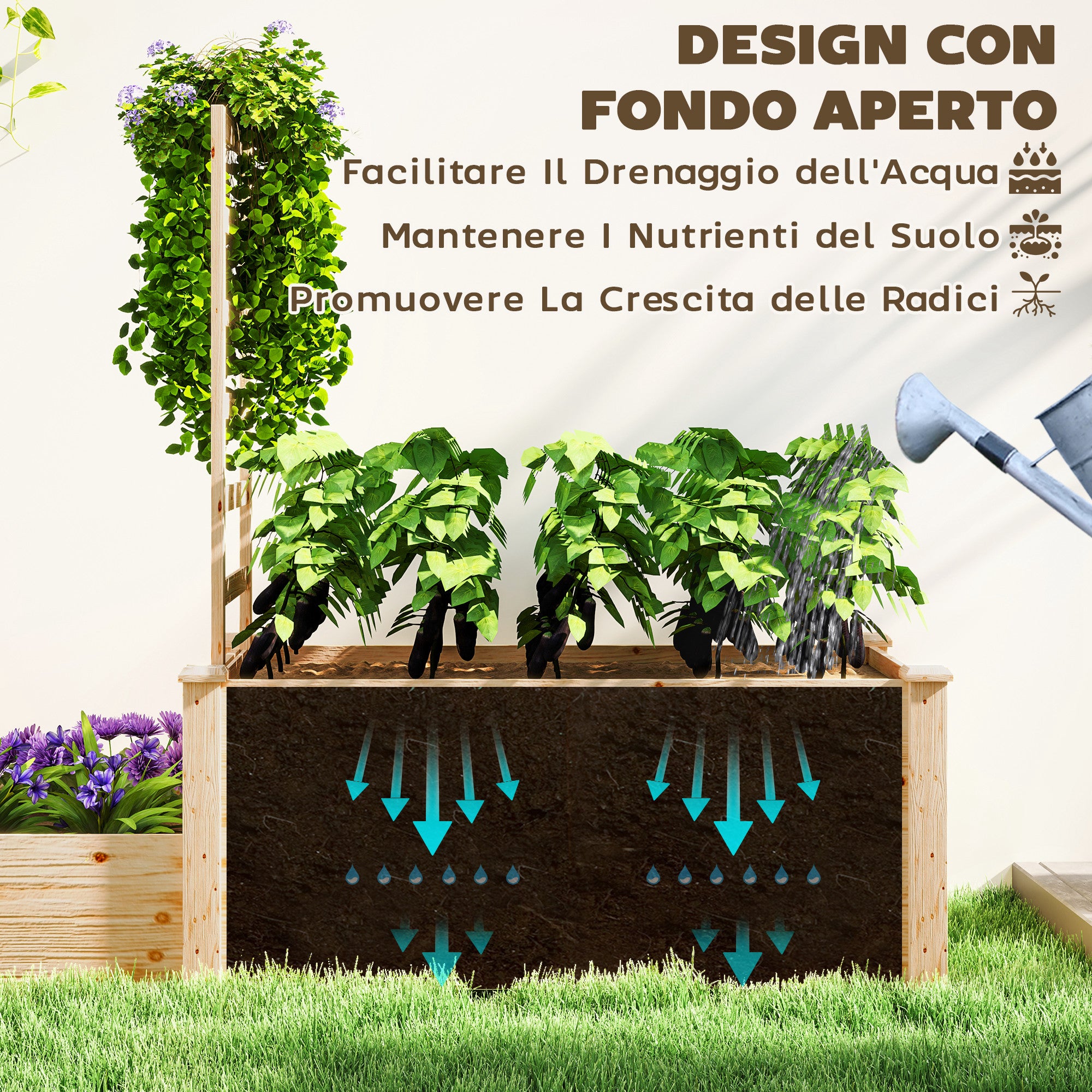 Raised Planter with Trellis for Climbing Plants and Divider, in Fir Wood, 222x63x132 cm, Wood Color