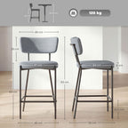 Set of 2 Bar Stools with Backrest and Footrest in Metal and Fabric, Light Grey
