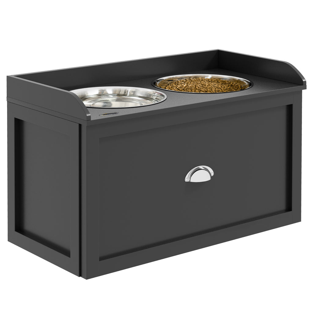 Stainless Steel and Wood Raised Dog Bowls with Drawer, 60x30x36cm, Black