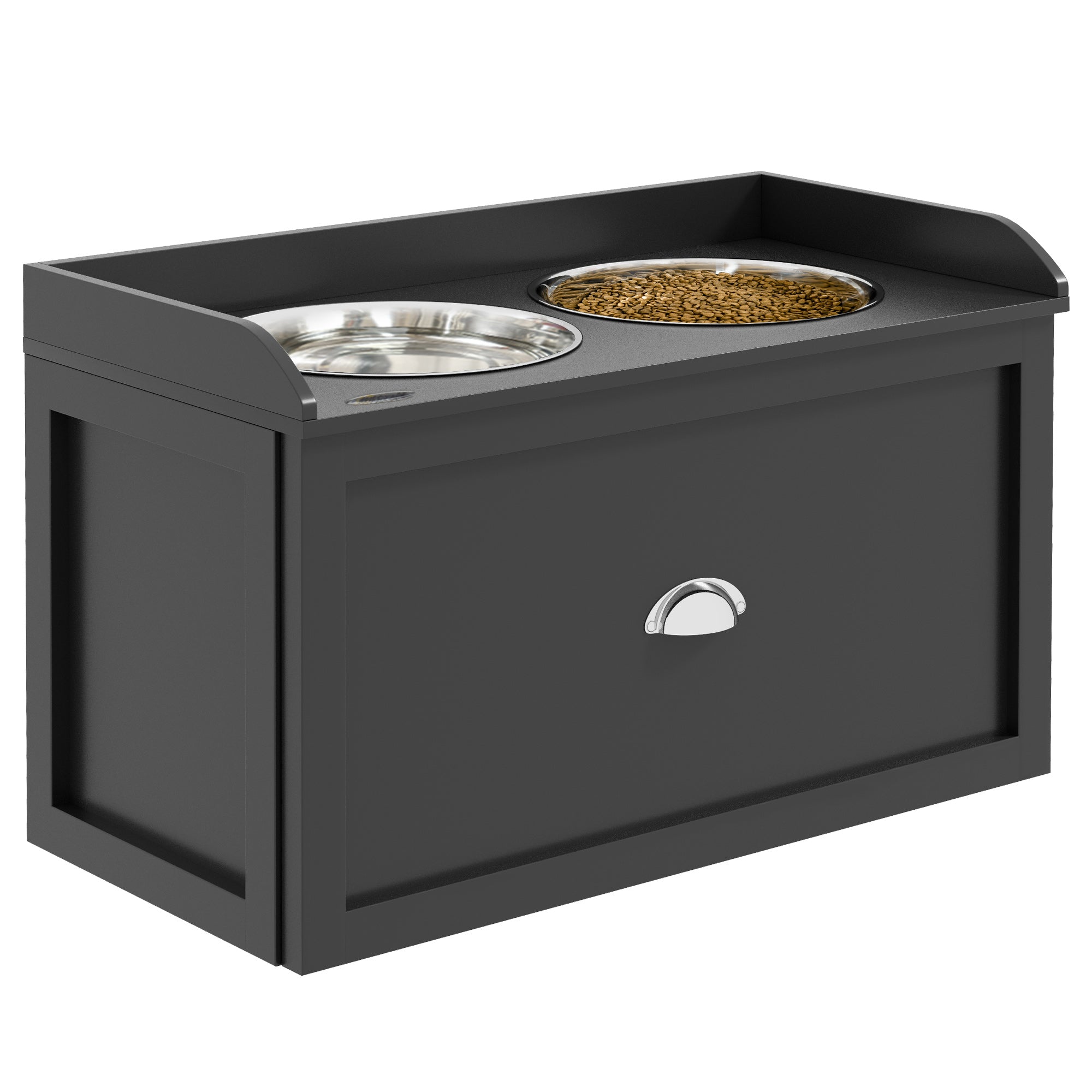 Stainless Steel and Wood Raised Dog Bowls with Drawer, 60x30x36cm, Black