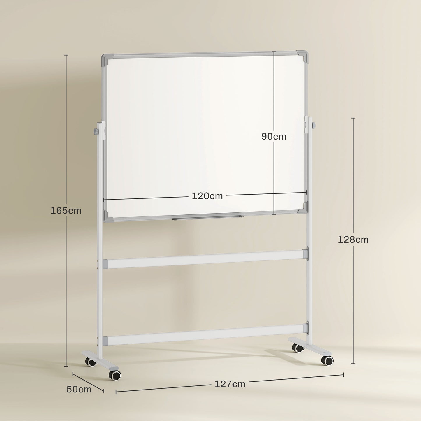 2-Sided White Magnetic Whiteboard with Accessories and 4 Wheels, in Aluminum and Steel, 127x50x165 cm