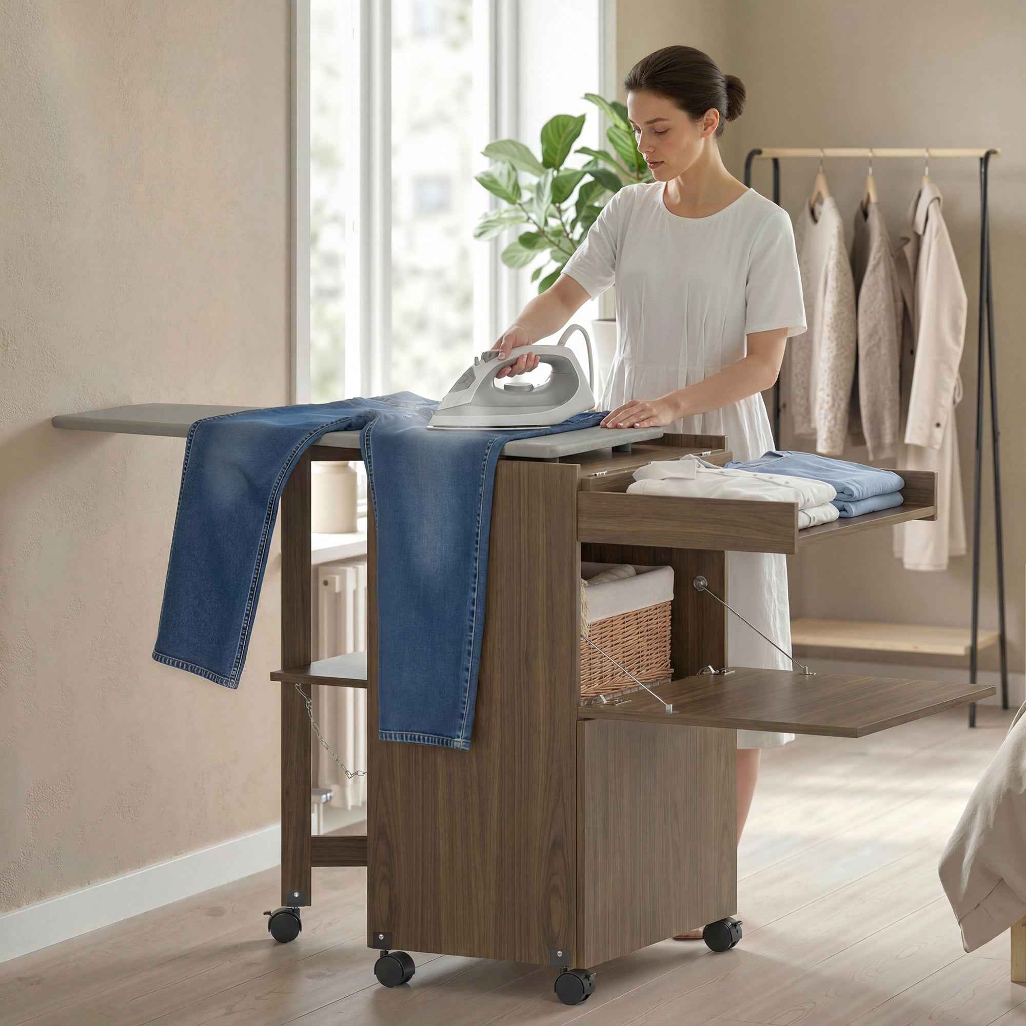 HOMCOM Folding Ironing Board with Iron and Garment Holder with Open Compartment, 154x55x87 cm, Brown