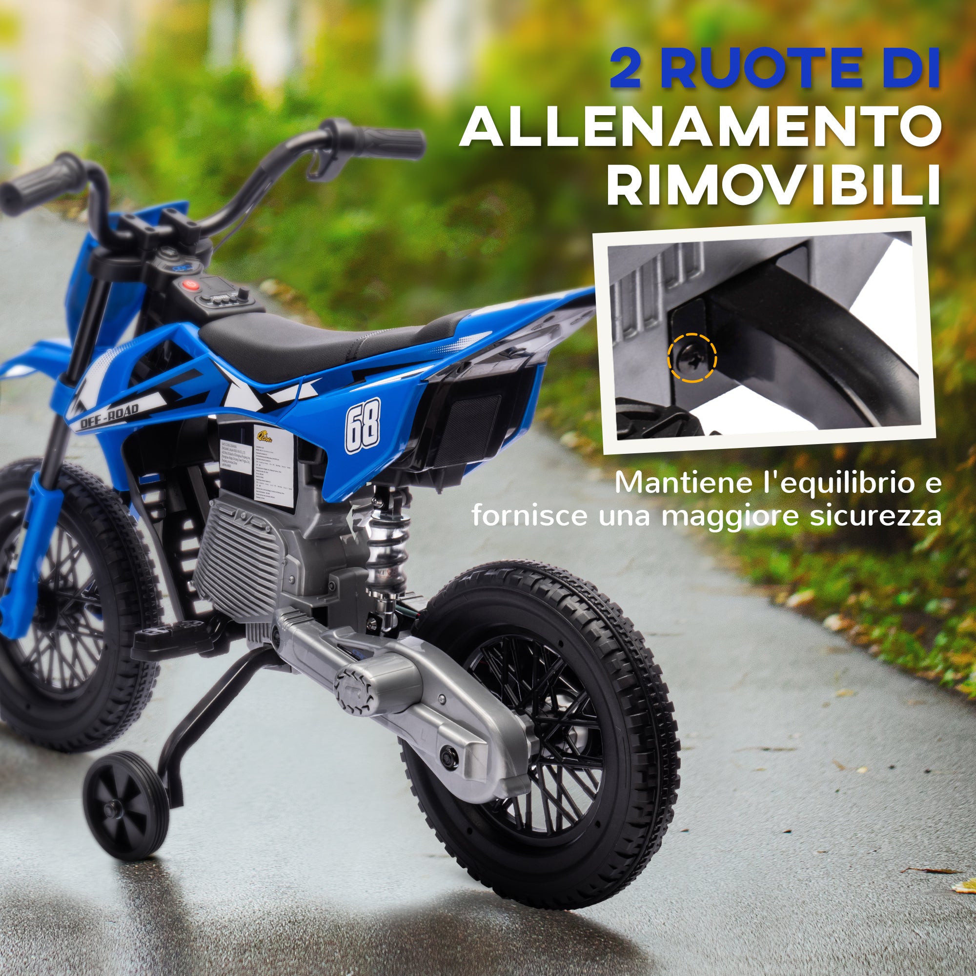 Electric Motorcycle for Kids with Removable Training Wheels, Suspension, Sounds and Charge Indicator, Blue