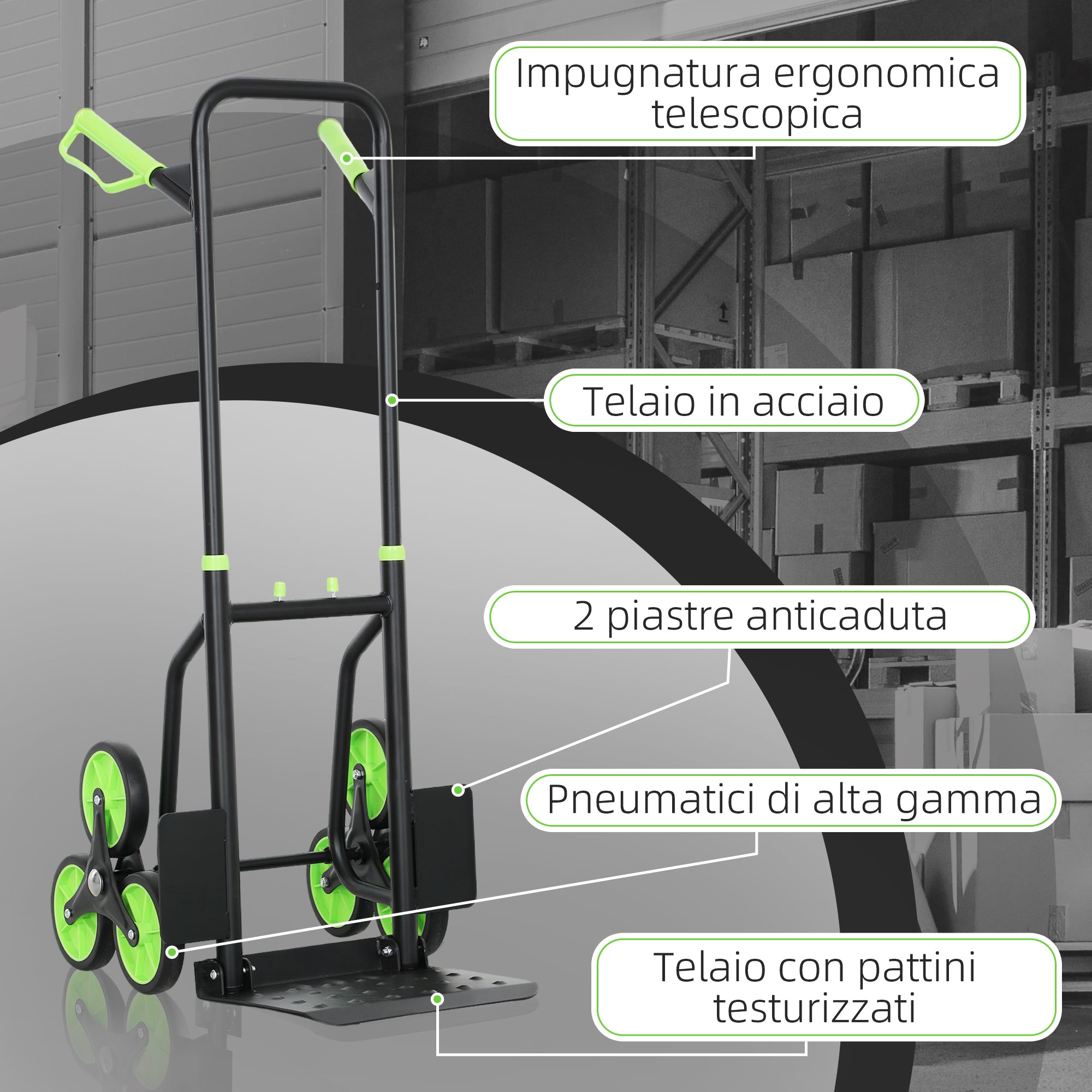 DURHAND 6-Wheel Folding Stairlift Cart, 120kg Load Capacity, Steel, for Moving, Gardening, Green