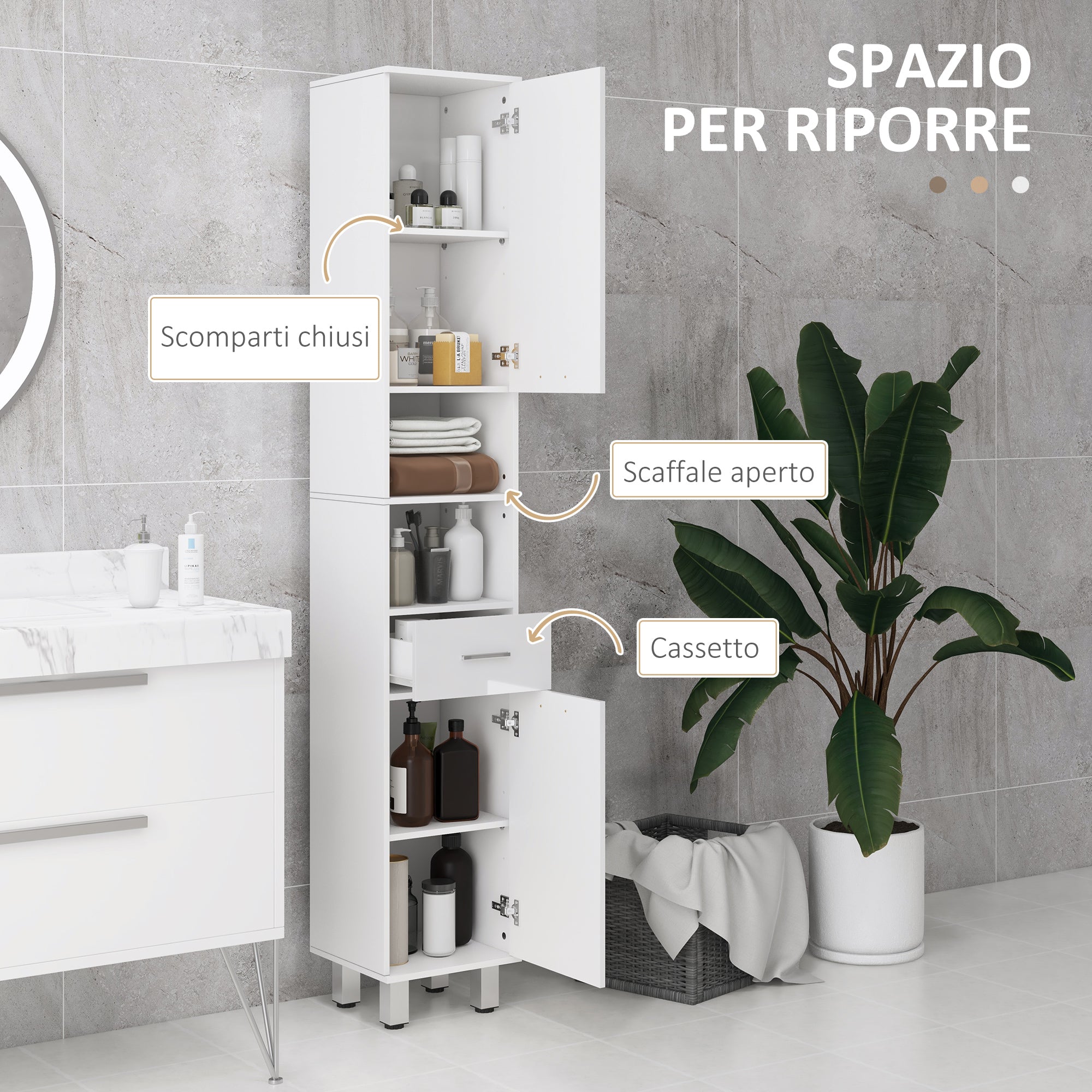 kleankin Bathroom Column with Drawer, 2 Open Shelves and 2 Double-Tier Cabinets, Made of Wood, 30x30x180 cm, Gloss White
