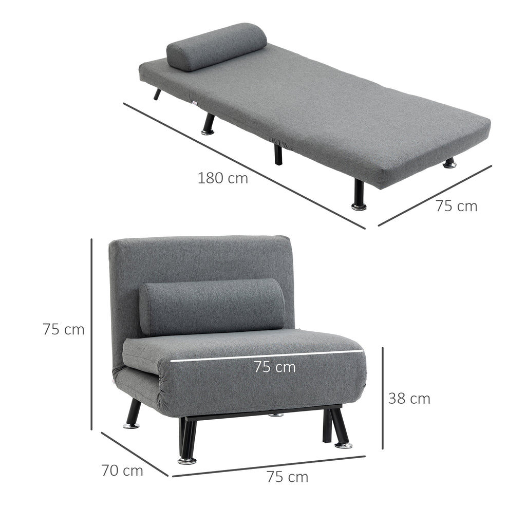 Armchair Bed with 5-Position Adjustable Backrest, Linen-Effect Fabric and Steel, 75x70x75 cm, Grey