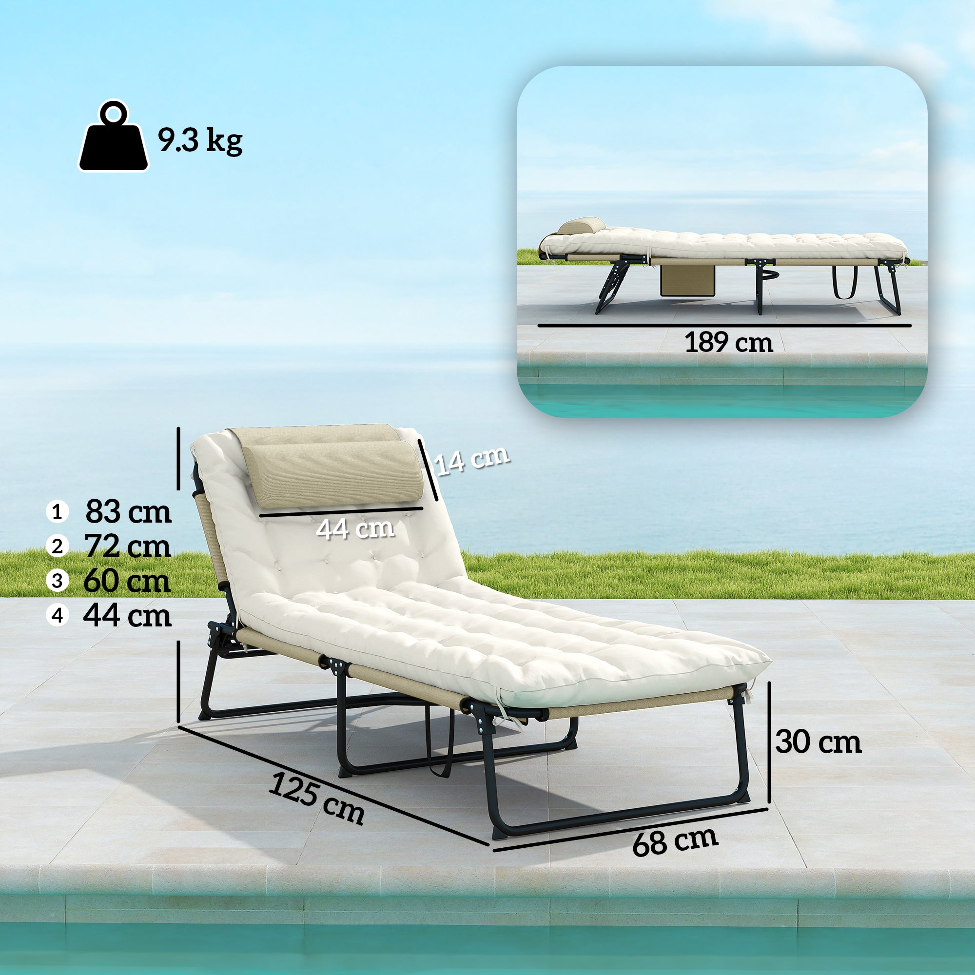 Outsunny Folding and Reclining Garden Lounger with Side Pocket, 68x189x30 cm, Beige