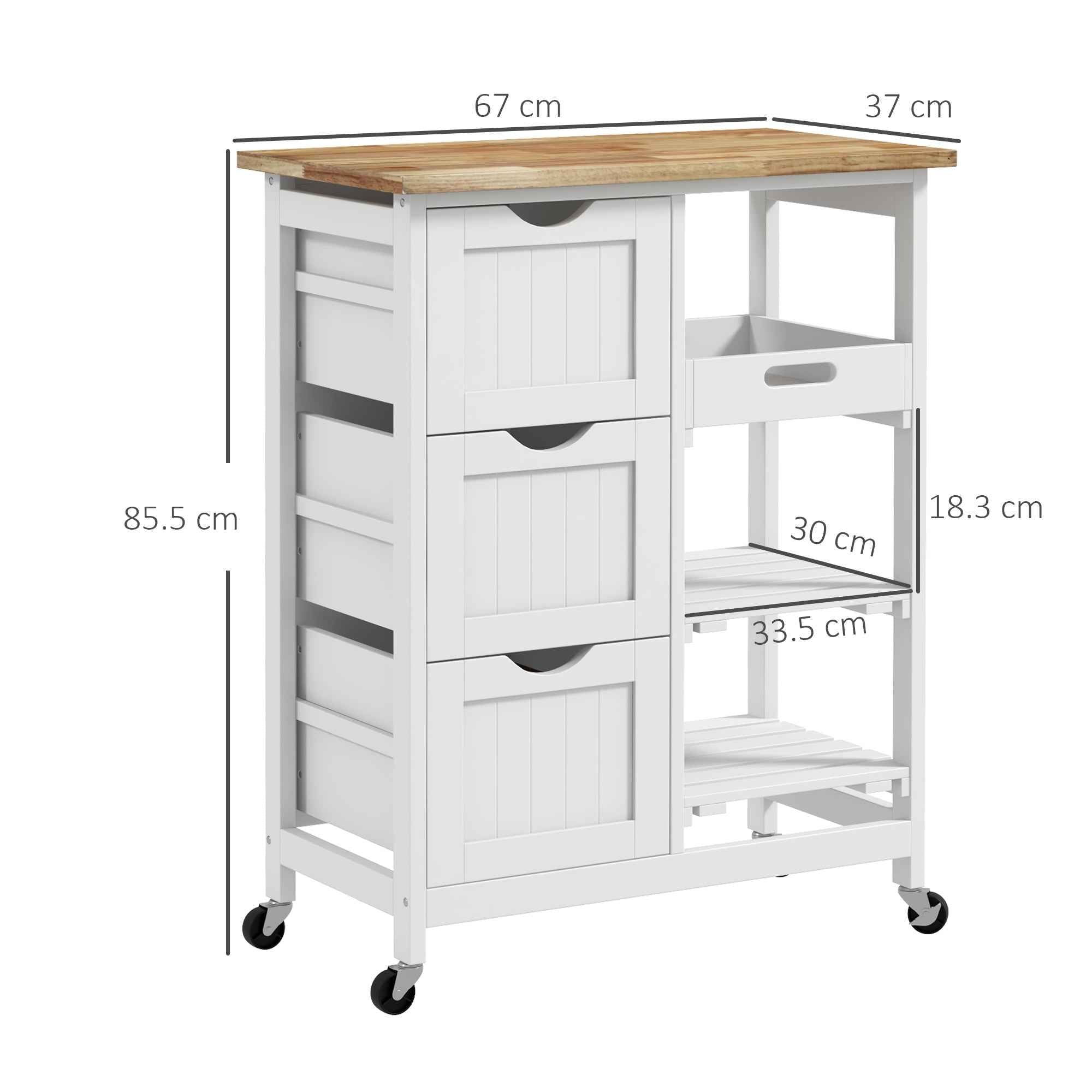 HOMCOM Wooden Kitchen Cart with 3 Drawers and 3 Open Shelves, 67x37x85.5 cm, White