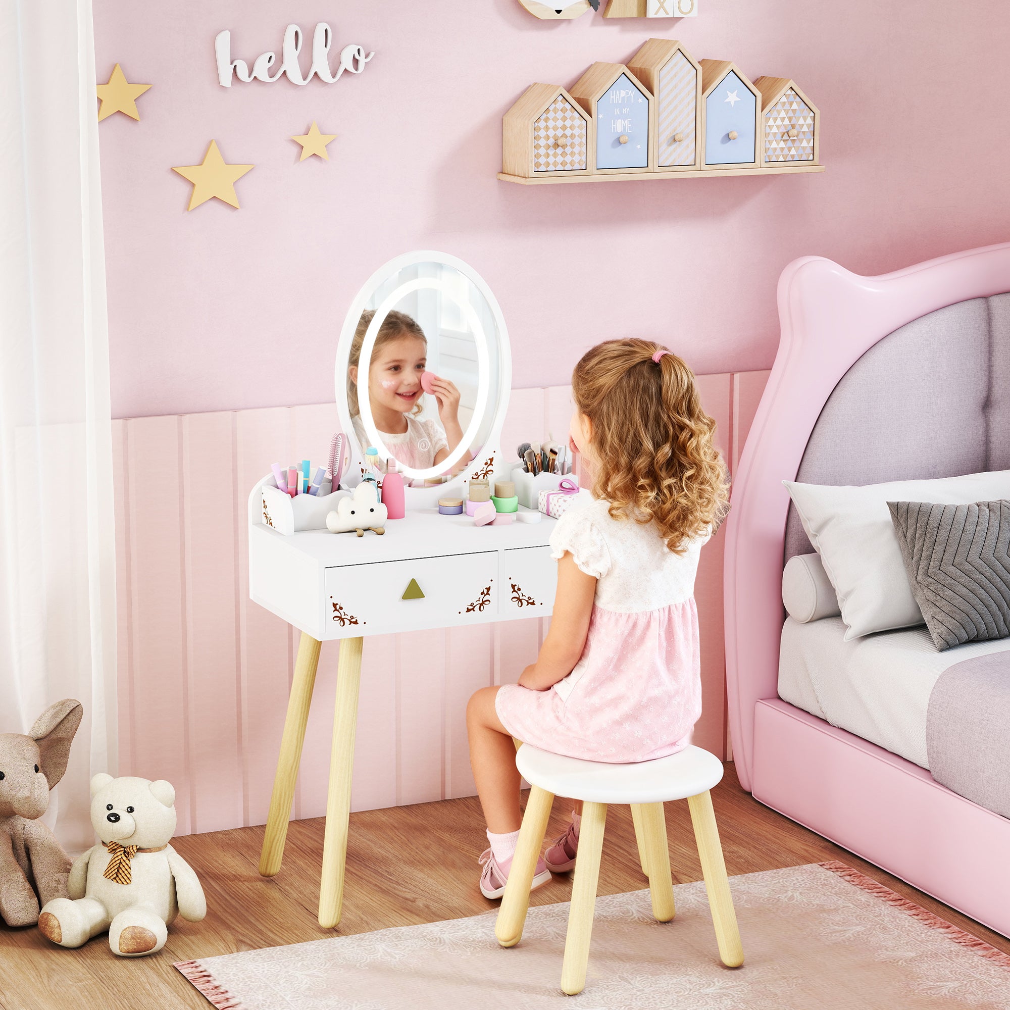 Children's Dressing Table Set with Illuminated Mirror and Stool, 2 Drawers and 2 Boxes, White