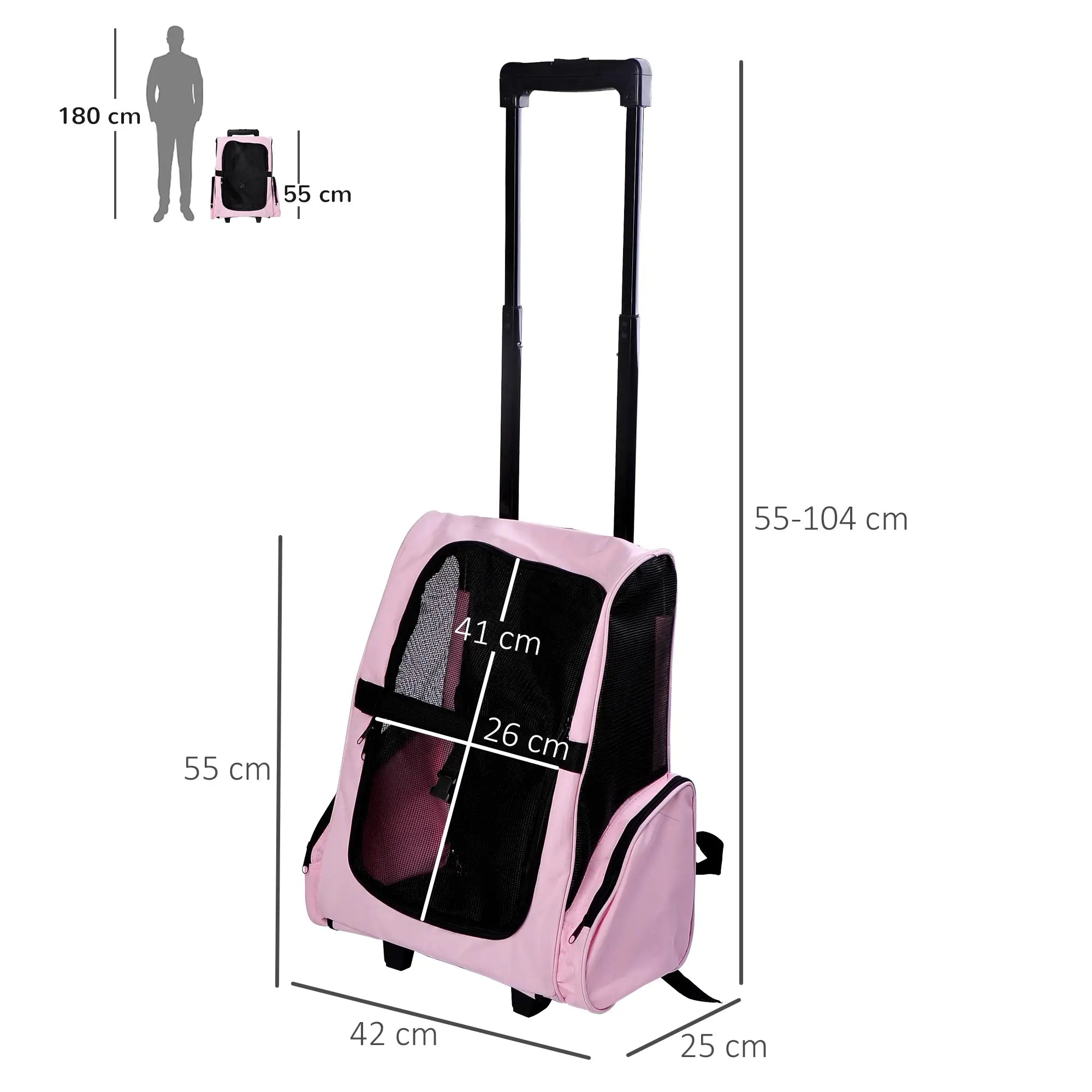 2 in 1 Dog and Cat Carrier Backpack with Side Pockets, Telescopic Handle and Wheels, 42x25x55cm, Pink - Borge' Group Limited