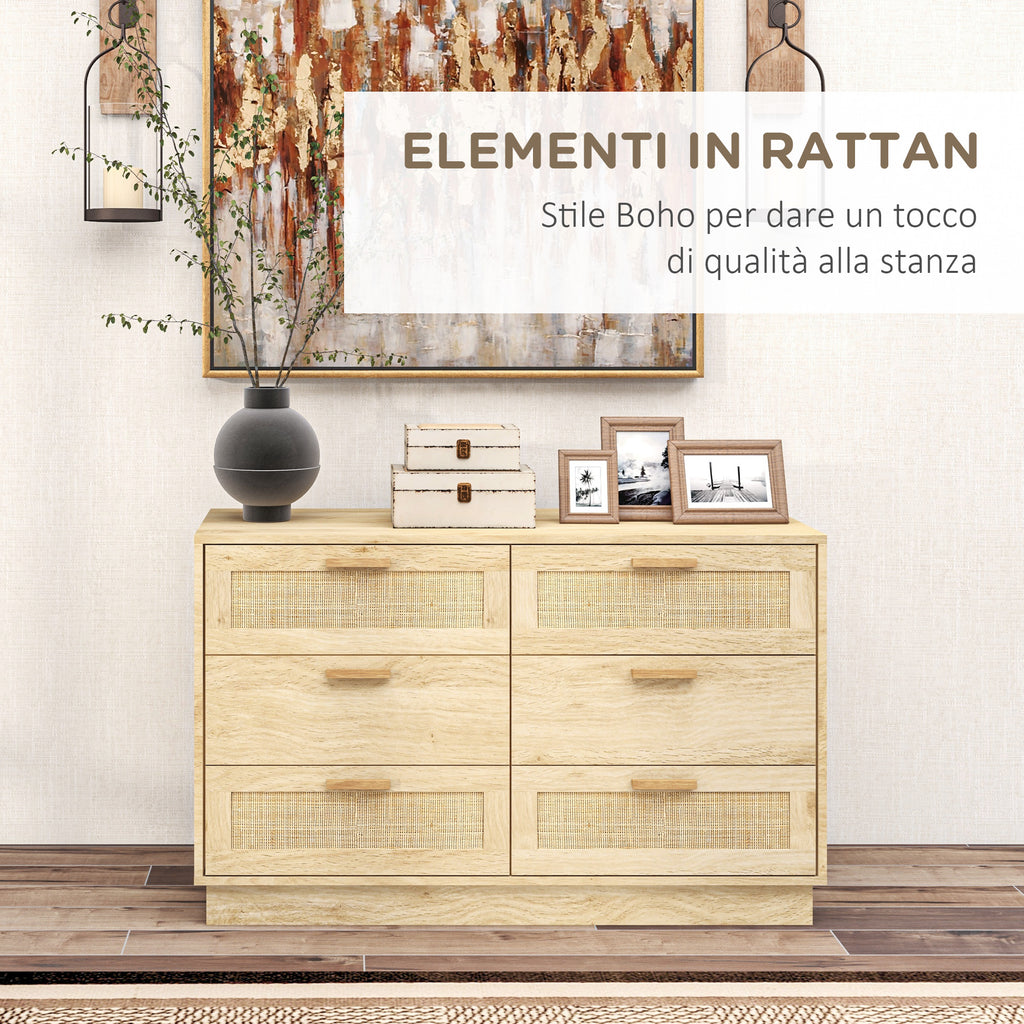 6-Drawer Chest of Drawers, Boho Style, for Bedroom and Entrance, Made of Wood and Rattan, 110x40x69 cm, Oak