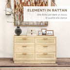 6-Drawer Chest of Drawers, Boho Style, for Bedroom and Entrance, Made of Wood and Rattan, 110x40x69 cm, Oak