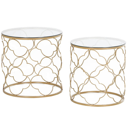 MYKONOS - Set of 2 Art Deco Metal Nesting Coffee Tables with Glass Top, Gold