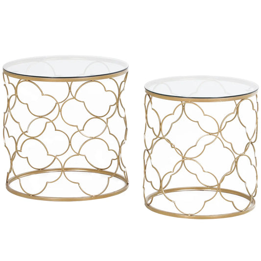 MYKONOS - Set of 2 Art Deco Metal Nesting Coffee Tables with Glass Top, Gold