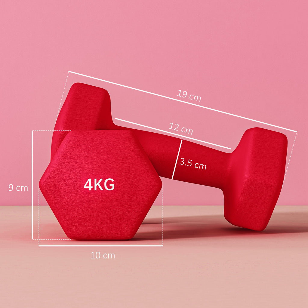 SPORTNOW Set of 2 Hexagonal Dumbbells weighing 2x4 kg in Metal and Plastic with Non-Slip Grip, 19x9x9 cm, Red