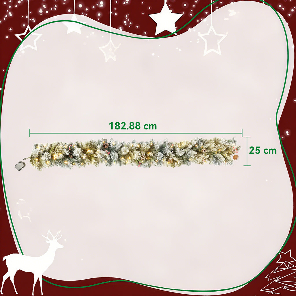 Christmas Garland Ø25x180 cm with 50 LED Lights, Berries and Pine Cones, in Plastic and Metal, Green and White