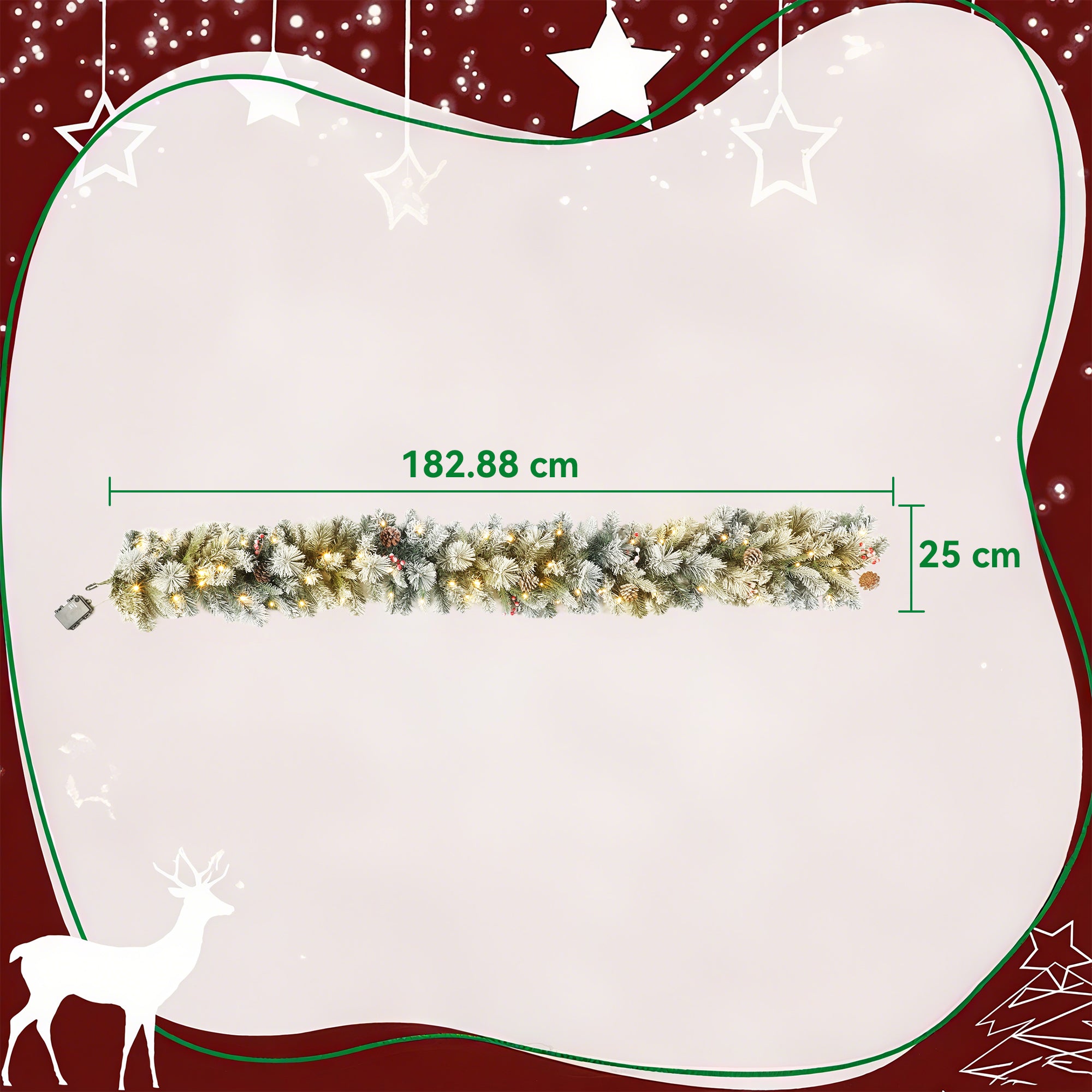 Christmas Garland Ø25x180 cm with 50 LED Lights, Berries and Pine Cones, in Plastic and Metal, Green and White