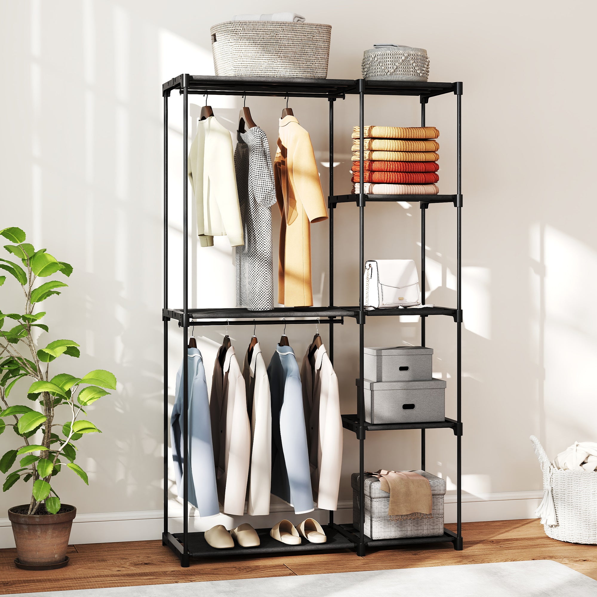 Portable Wardrobe with 2 Rods and 6 Shelves, in Non-Woven Fabric, Plastic and Steel, 111x43x185 cm, Black