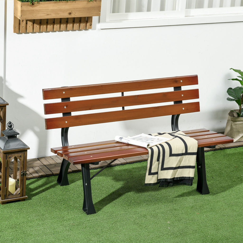 Outsunny 2-Seater Garden Bench with Cast Iron and Fir Wood Slats, 120x57x70 cm, Coffee