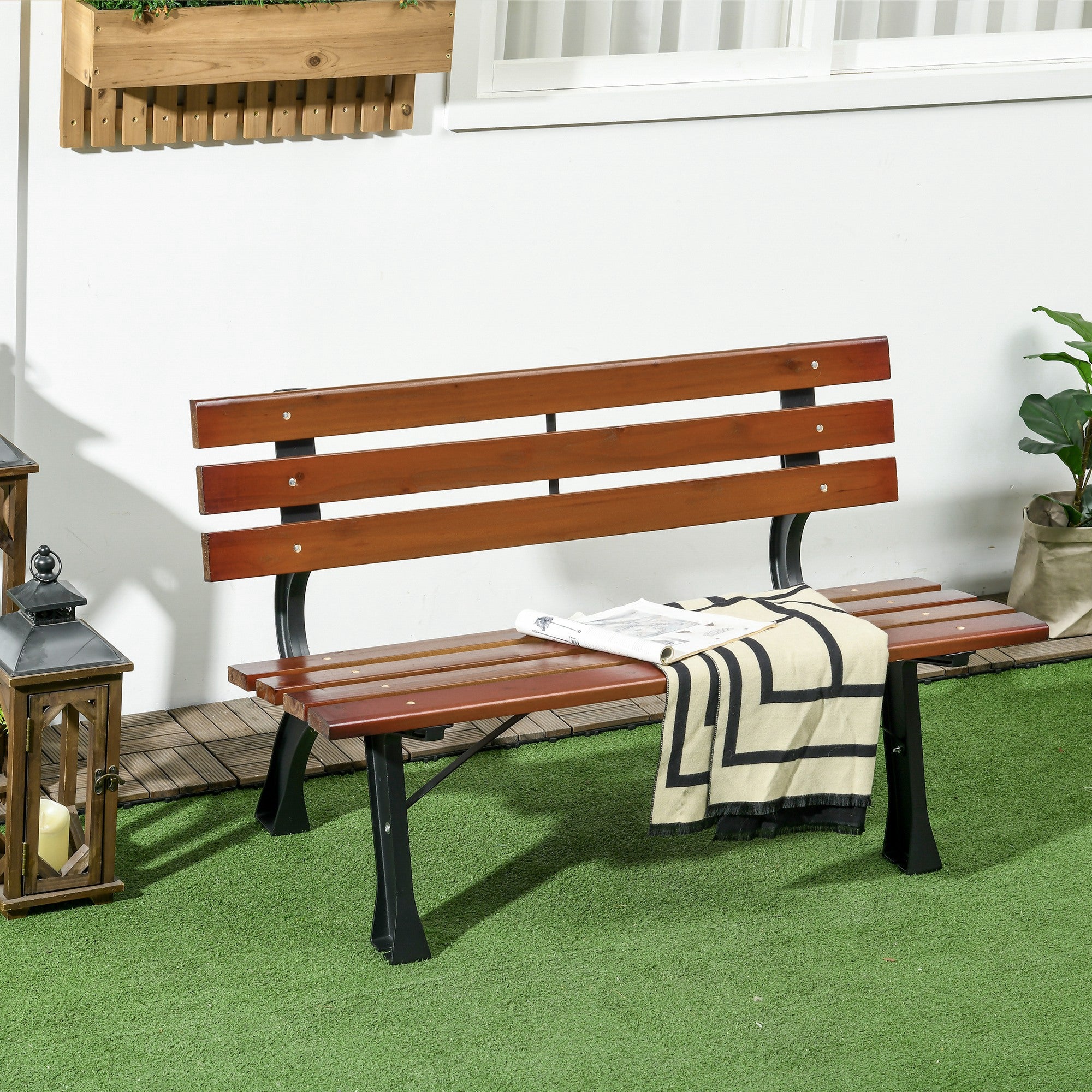 Outsunny 2-Seater Garden Bench with Cast Iron and Fir Wood Slats, 120x57x70 cm, Coffee