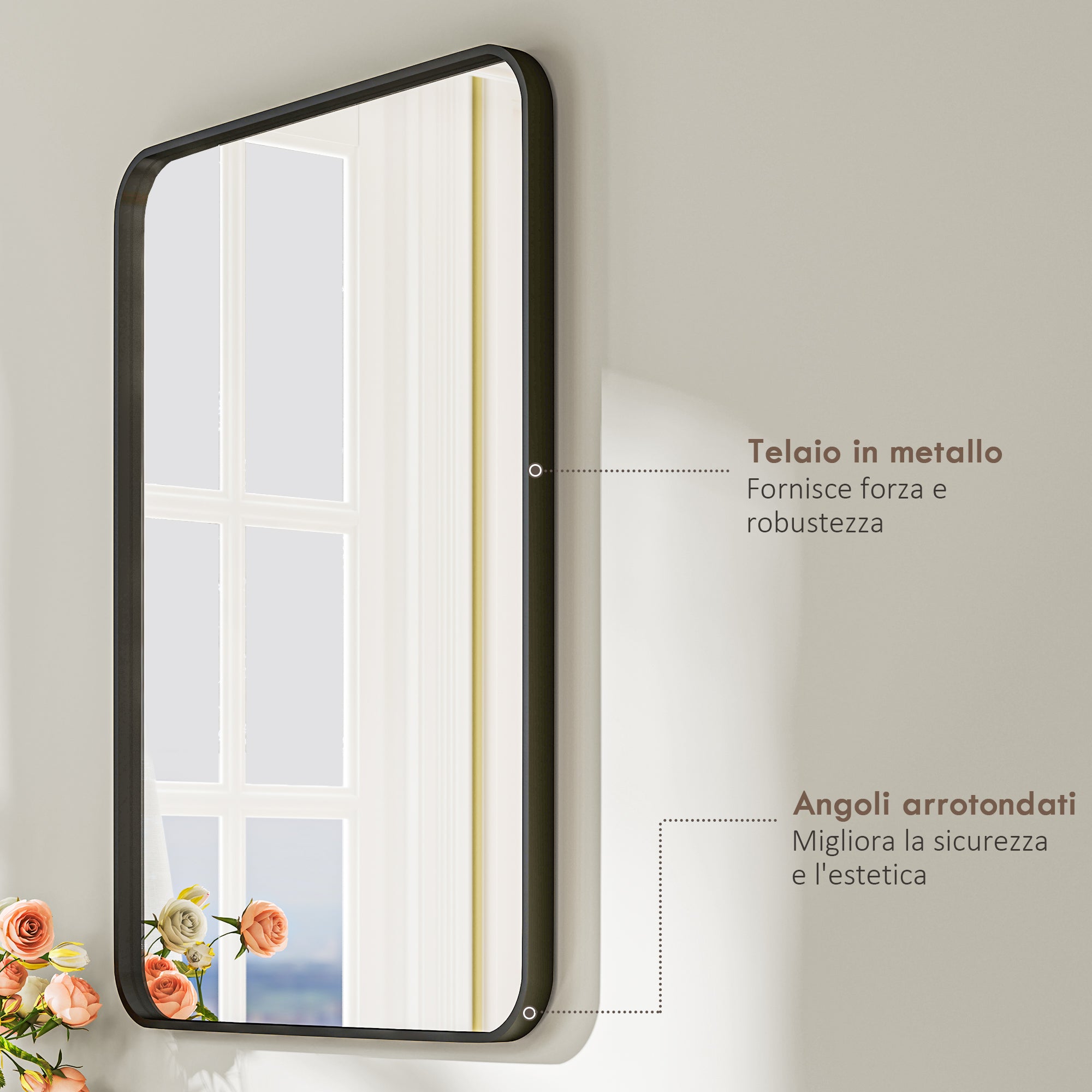 HOMCOM Bathroom Mirror with Metal Frame and Hook, 60x2.5x80 cm, Black