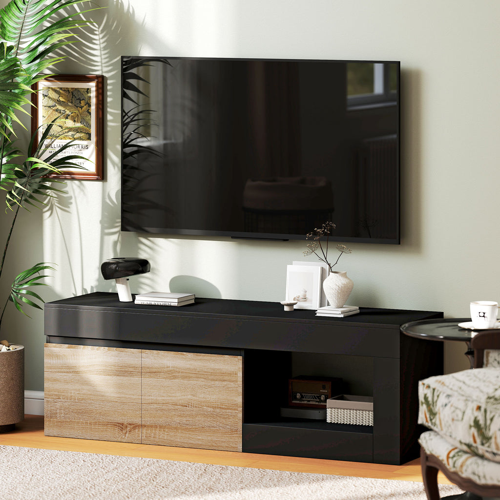 HOMCOM Modern 60" Max TV Stand with 2-Door Cabinet and Open Shelf, 140x40x48 cm, Black and Wood Color