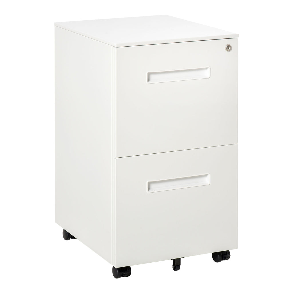 Office Drawer Cabinet with Wheels, 2-Drawer File Cabinet with Lock and 2 Keys in Steel, 39x48x67cm, White