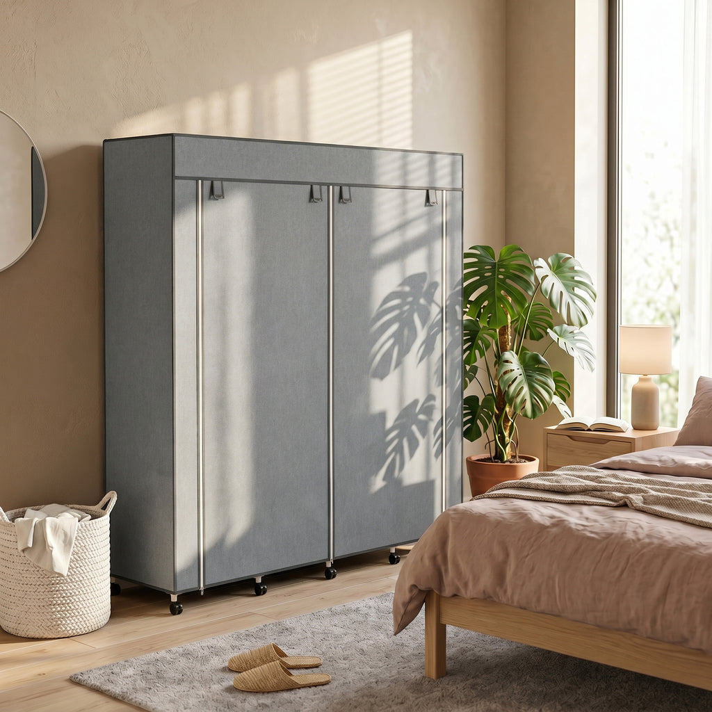 HOMCOM Portable Non-Woven Fabric and Steel Wardrobe with Wheels, 10 Compartments and 2 Hanging Rails, Dark Grey