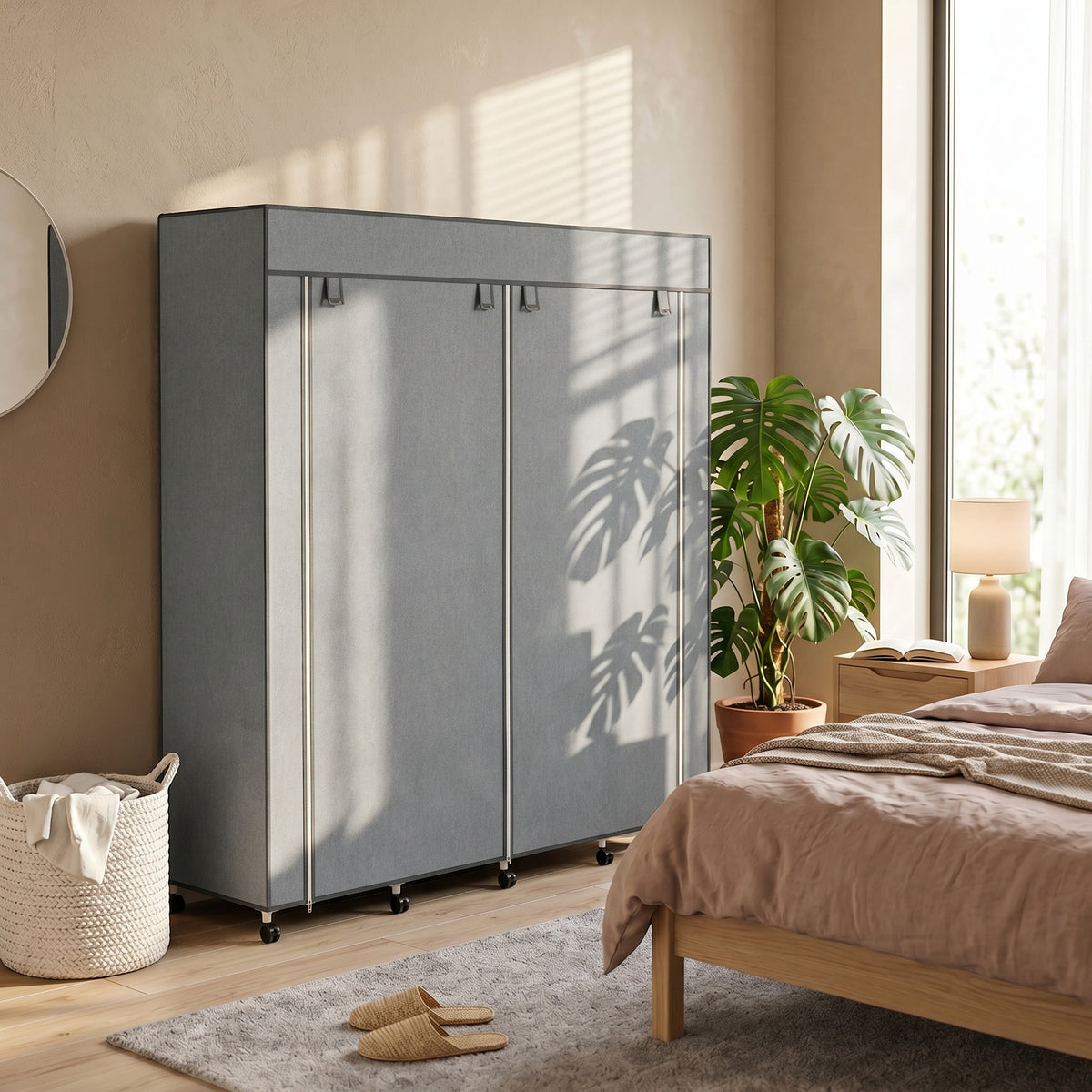 HOMCOM Portable Non-Woven Fabric and Steel Wardrobe with Wheels, 10 Compartments and 2 Hanging Rails, Dark Grey