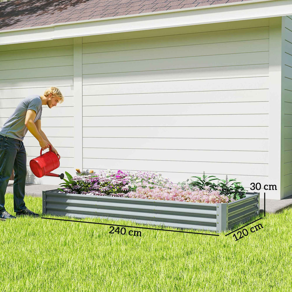 Outsunny Outdoor Steel Planter with Open Bottom and Reinforced Edges, 240x120x30 cm, Silver
