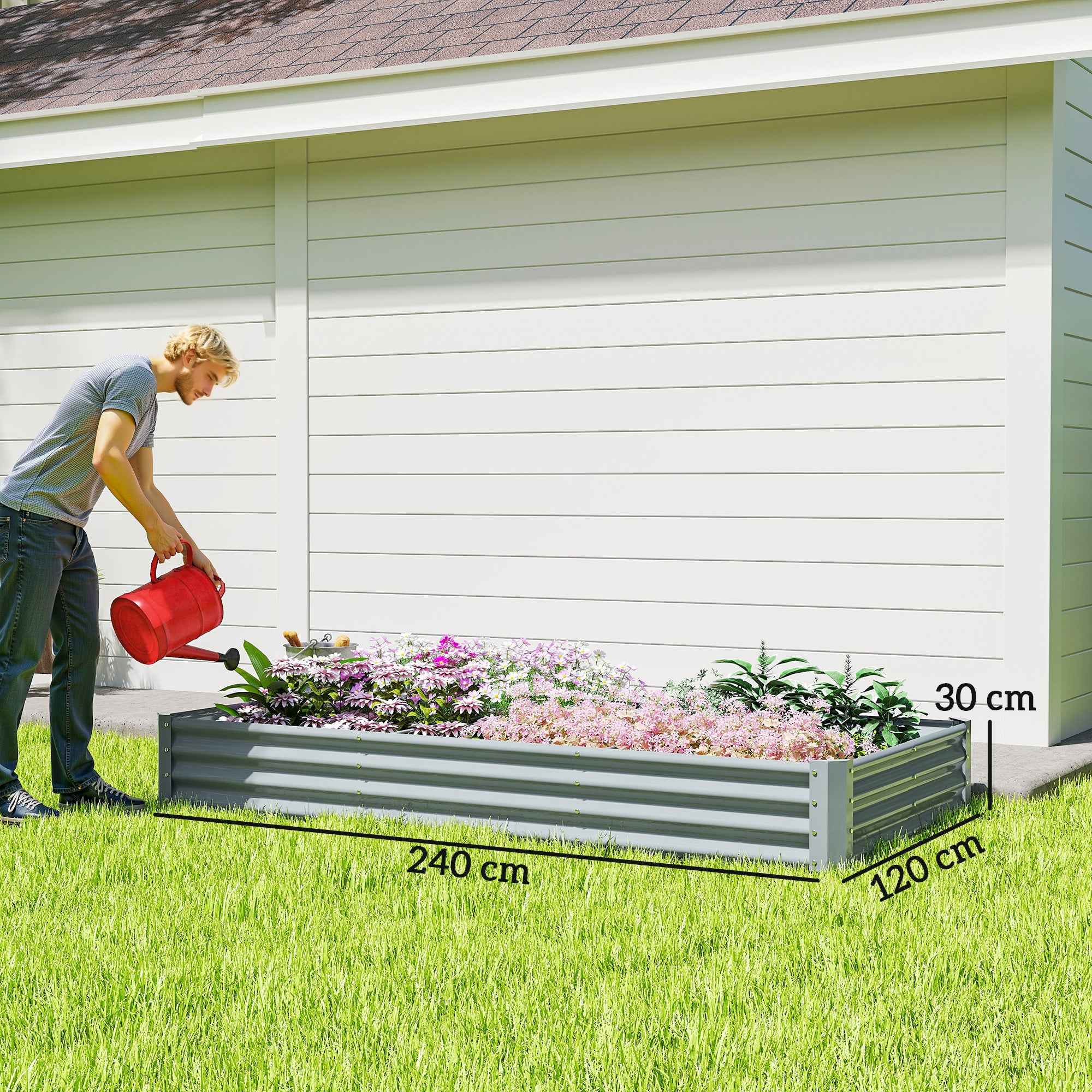 Outsunny Outdoor Steel Planter with Open Bottom and Reinforced Edges, 240x120x30 cm, Silver
