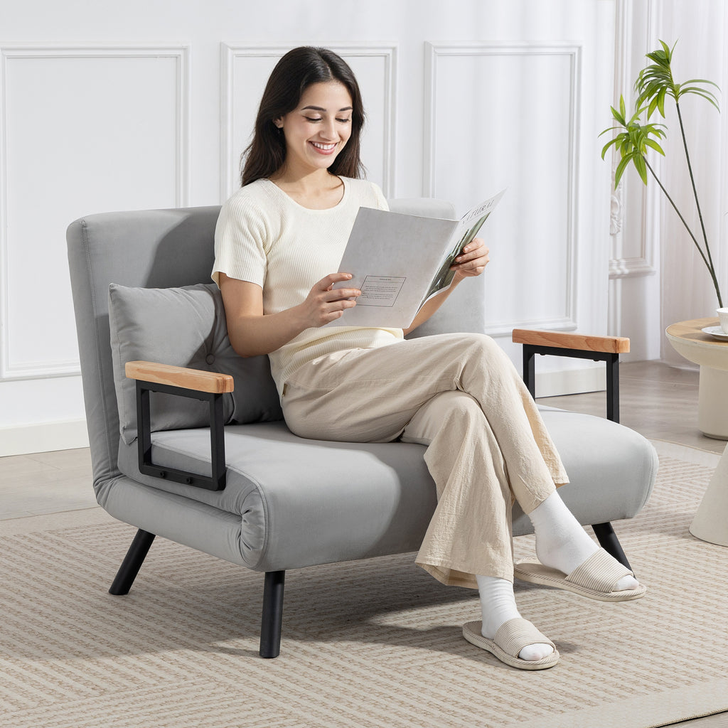 HOMCOM 3-in-1 Velvet Fabric Sofa Bed with Adjustable Backrest and 2 Cushions, 102x73x81 cm, Light Grey