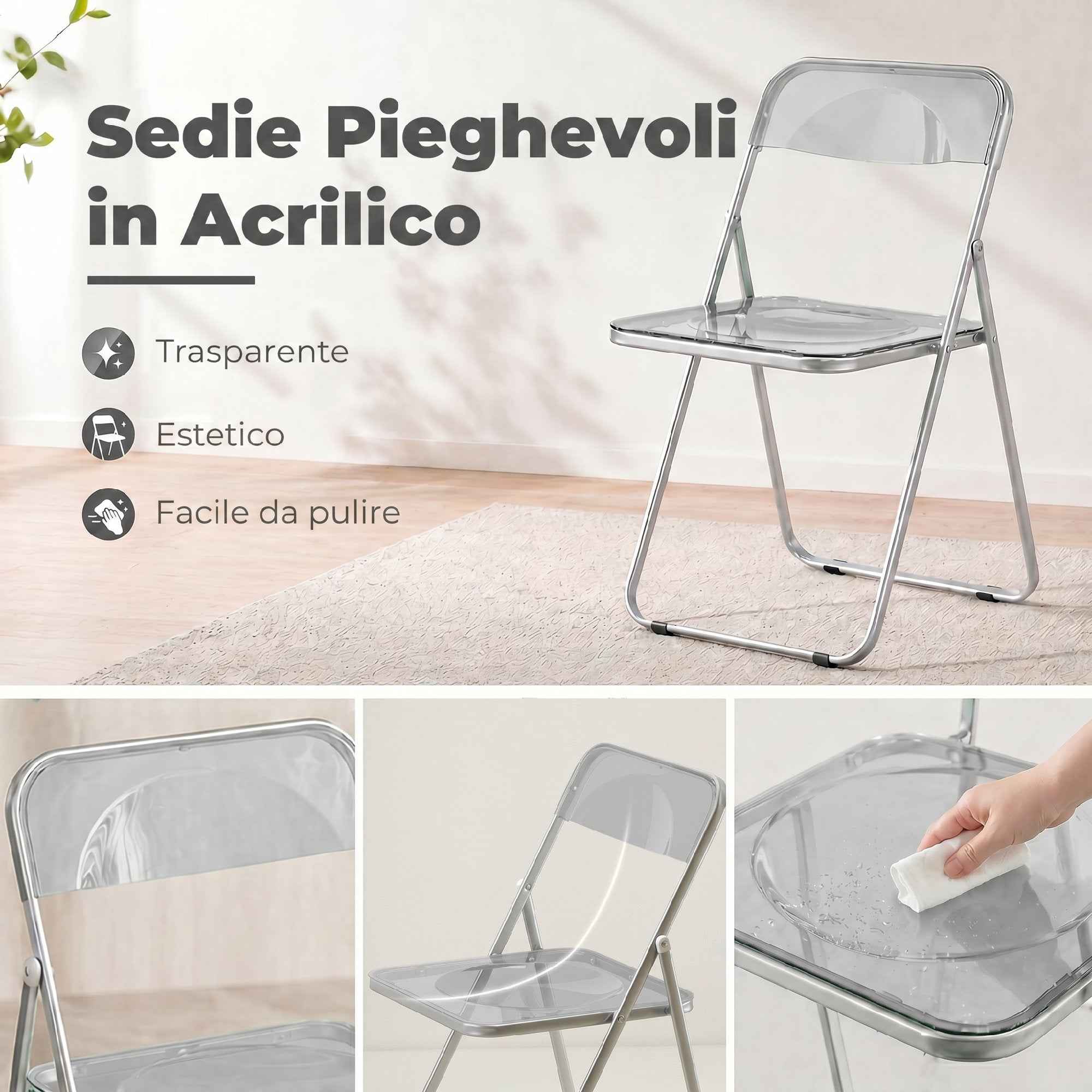 HOMCOM Set of 4 Clear Acrylic Folding Chairs, Grey