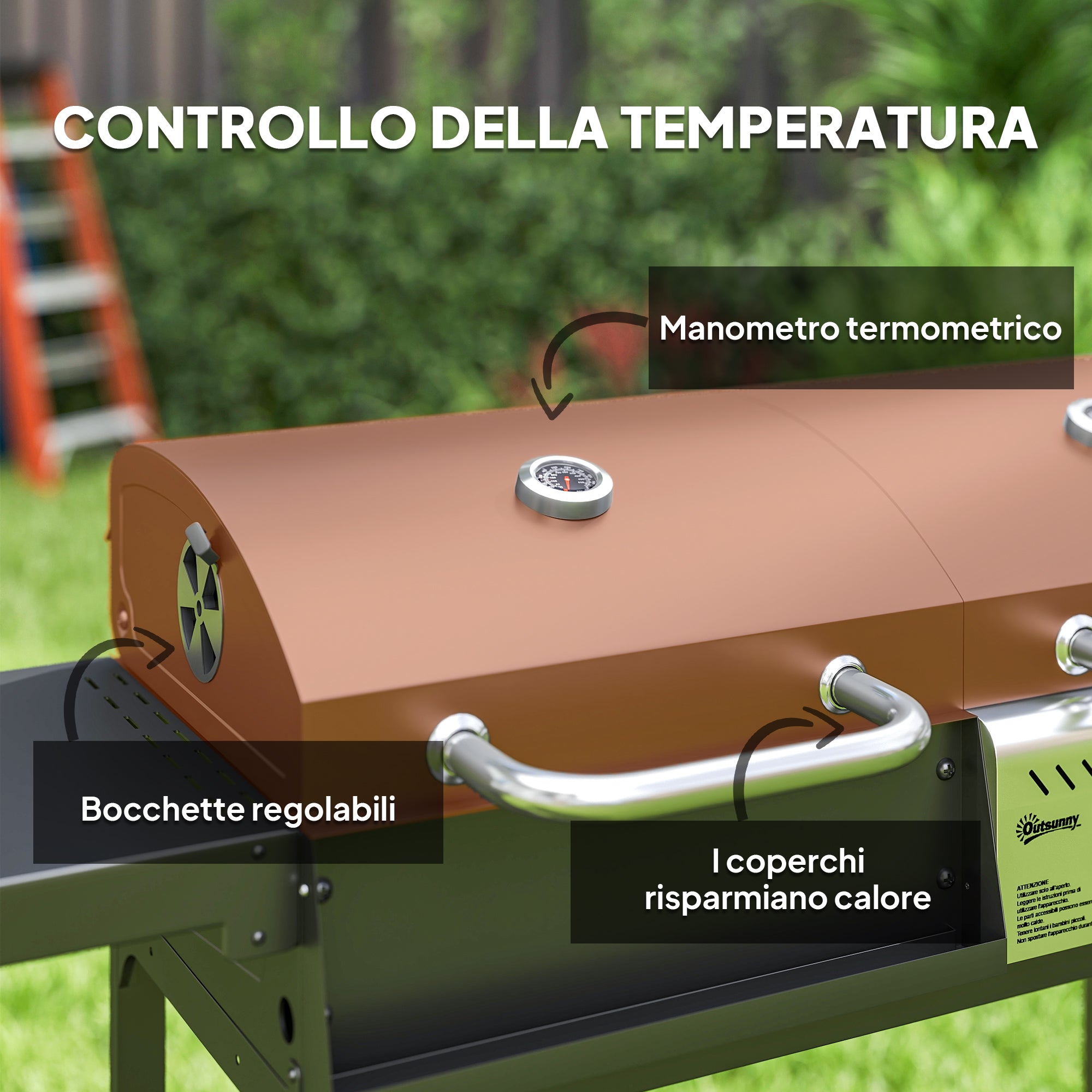 Charcoal and Gas Barbecue with 3 Burners and Lid, Thermometer, Wheels and Shelves, Black