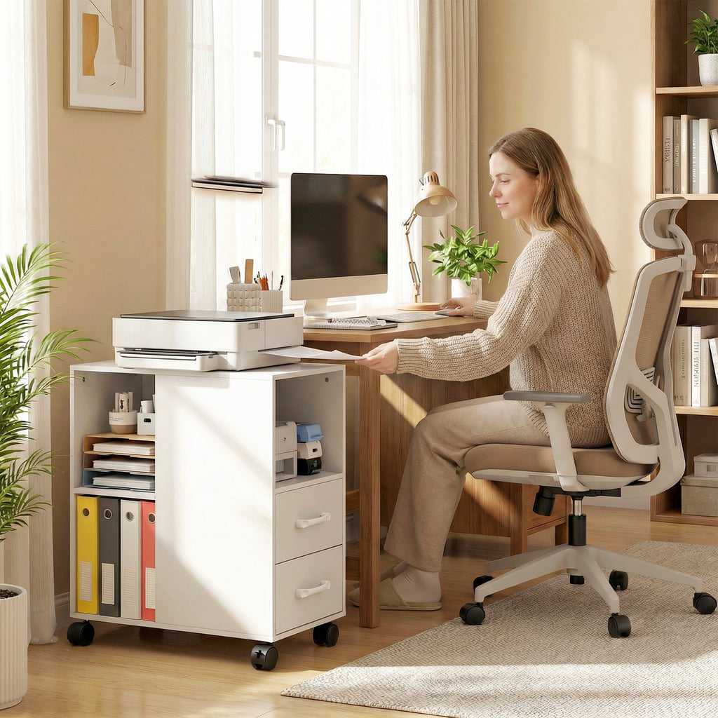 HOMCOM Minimalist Side Table with Wheels, 2 Drawers, Open Compartment and Adjustable Shelf, Wooden, 60x30x65 cm, White