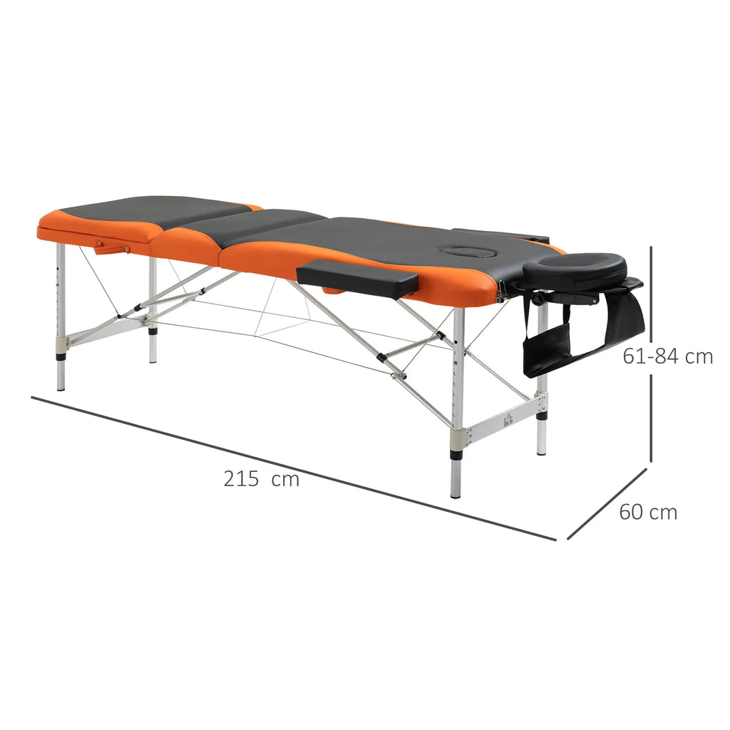 Foldable Massage and Beauty Table / Couch with Adjustable Height, Professional Massage Bed in Aluminum and Plastic, 215x60x61-84 cm, Black and Orange - Borge' Group Limited