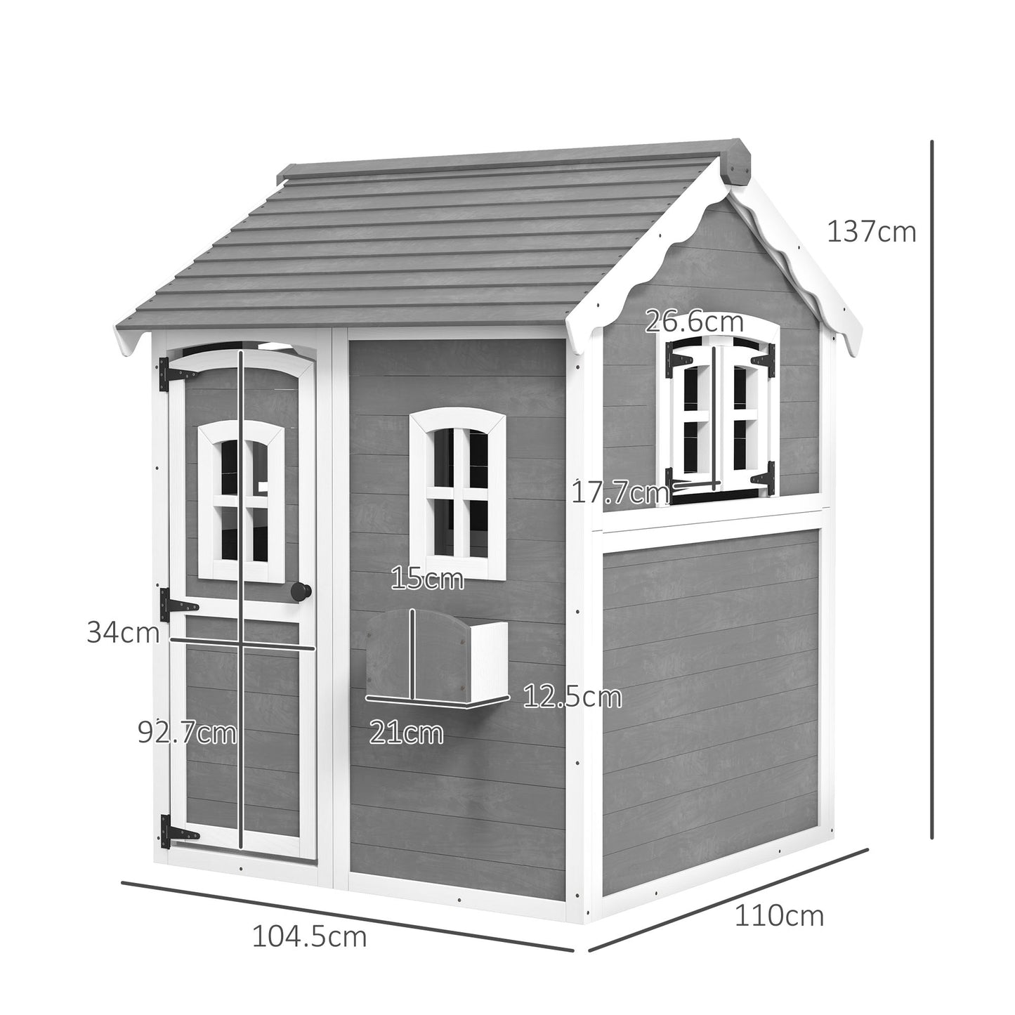 Outsunny Playhouse for Children 3-8 Years with 6 Windows and Planter, in Fir Wood, 104.5x110x137 cm, Gray - Borgè