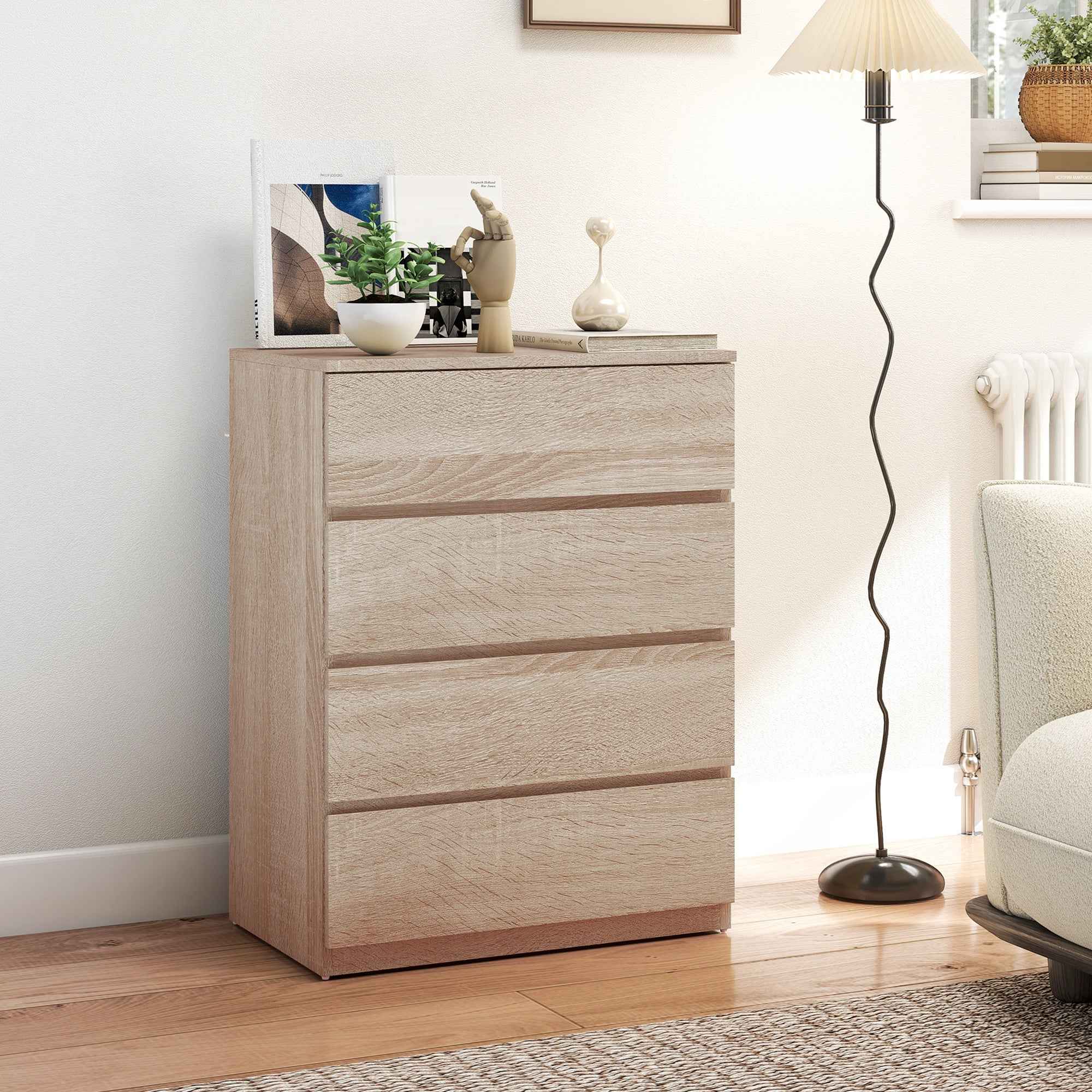 HOMCOM 4-Drawer Wooden Chest of Drawers with Metal Rails and Grooved Handles, 60x40x80 cm, Beech Color