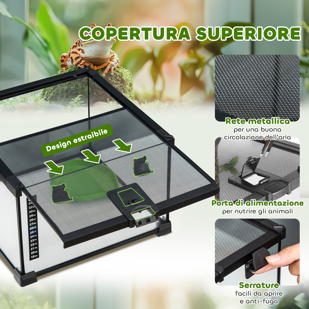 Raised Terrarium for Reptiles with Lock and Thermometer, in Glass and Metal Mesh, 30x30x20 cm, Black