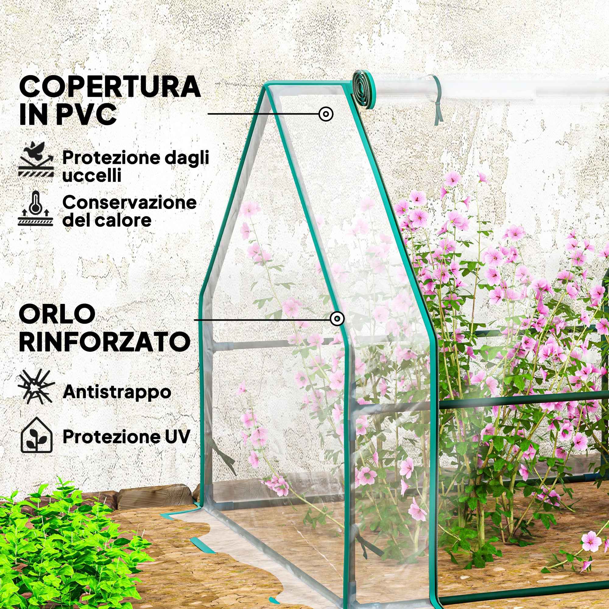 Outsunny 4-Door Roll-Up Mini Garden Greenhouse with Extended Cover, Steel and PE, 360x90x90 cm, Transparent