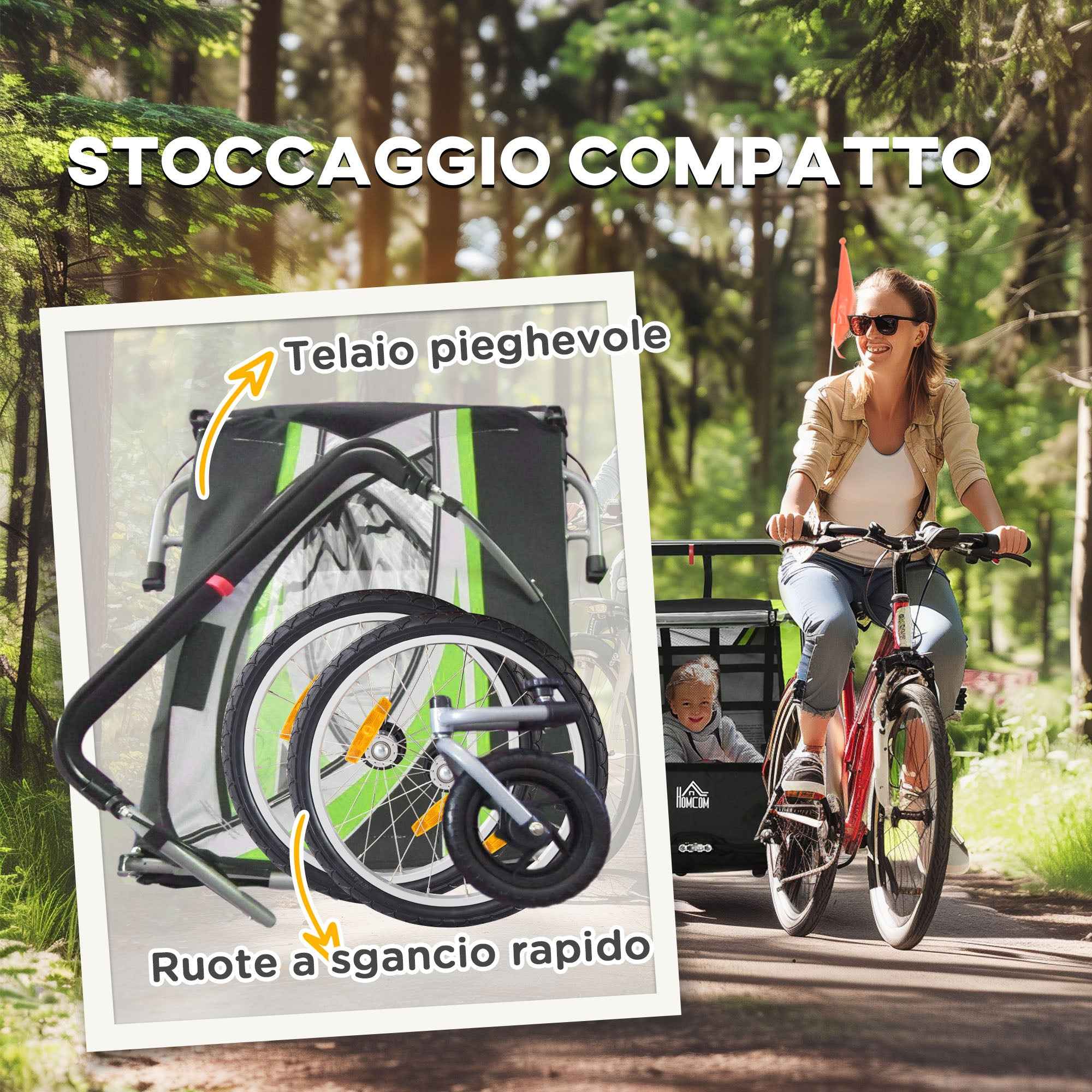 HOMCOM 2-in-1 Kids Bike Trailer and Stroller with Belt, Pockets and Flag, Green