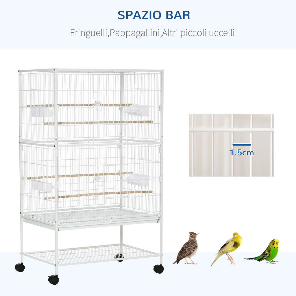 PawHut Indoor Bird Cage with Removable Tray, 4 Wheels and Perch, 78x52x132 cm, White