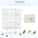 PawHut Indoor Bird Cage with Removable Tray, 4 Wheels and Perch, 78x52x132 cm, White