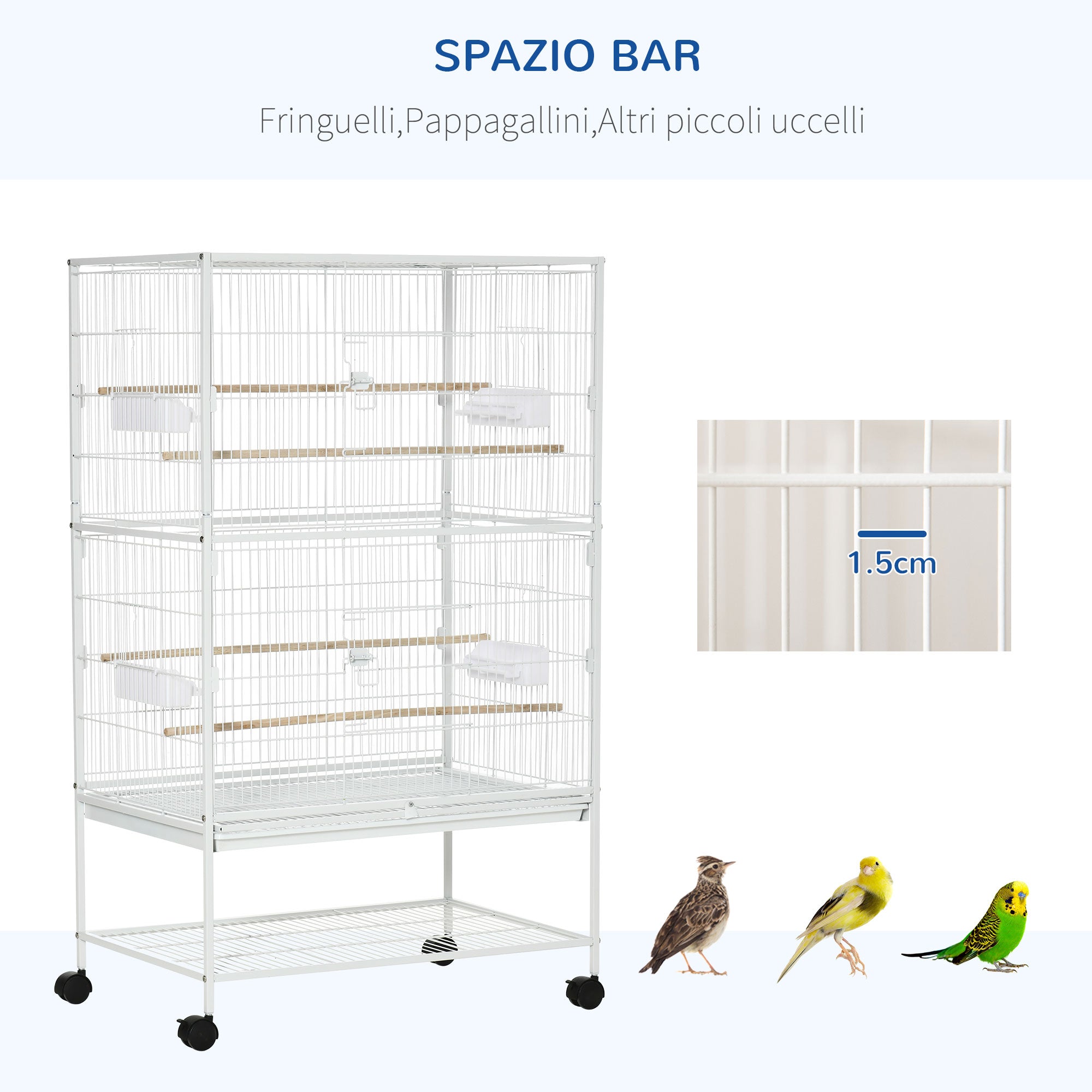 PawHut Indoor Bird Cage with Removable Tray, 4 Wheels and Perch, 78x52x132 cm, White