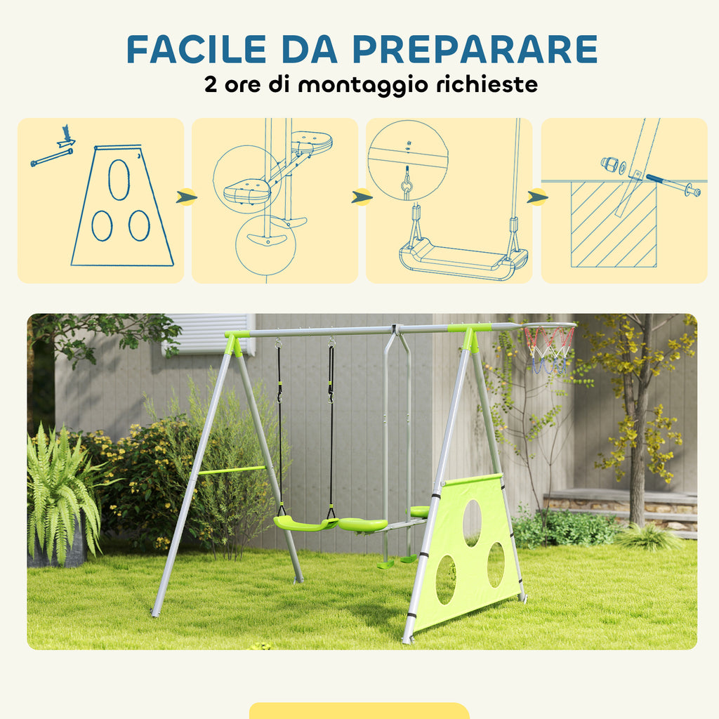 4 in 1 Children's Play Set with 2 Garden Swings, Basketball Hoop and Football Goal, 215x180x182 cm, Green and Grey