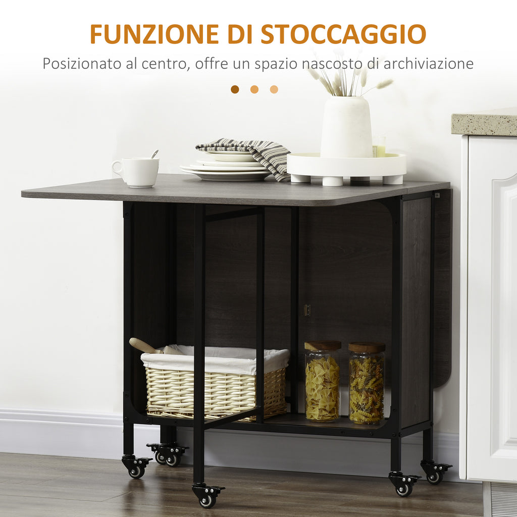 Folding Dining Table for up to 6 People with Shelf, in Wood and Metal, 130x80x74 cm, Grey