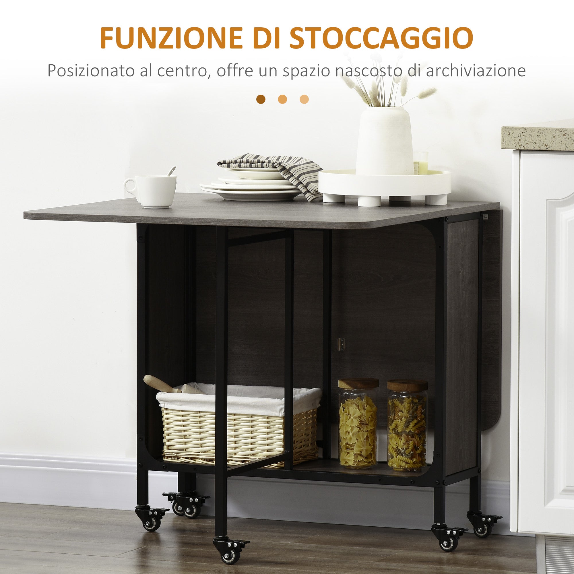 Folding Dining Table for up to 6 People with Shelf, in Wood and Metal, 130x80x74 cm, Grey