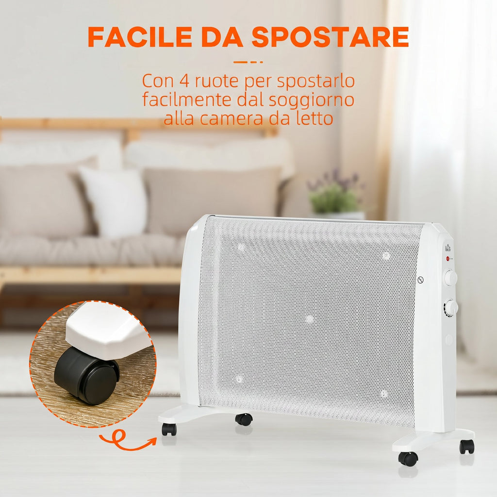 HOMCOM 1000W/2000W Electric Mica Heater with Adjustable Thermostat, 4 Wheels, 15-20 m², White